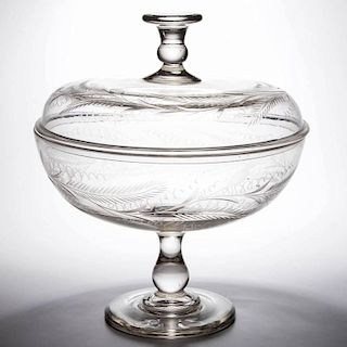 FREE-BLOWN AND ENGRAVED MONUMENTAL COMPOTE WITH COVER