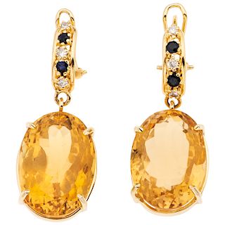PAIR OF CITRINES, SAPPHIRES AND DIAMONDS EARRINGS. 14K YELLOW GOLD