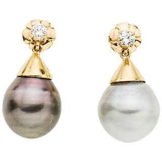PAIR OF CULTURED PEARLS AND DIAMONDS EARRINGS. 18K YELLOW GOLD