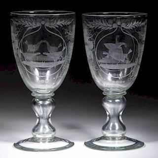 FREE-BLOWN AND ENGRAVED COCKFIGHTING PAIR OF PRESENTATION CHALICES
