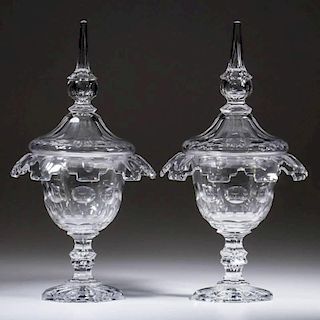 EUROPEAN CUT GLASS PAIR OF SWEETMEAT COMPOTES WITH COVERS