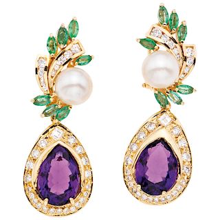 PAIR OF AMETHYST, CULTURED PEARLS, EMERALDS AND DIAMONDS EARRINGS. 14K YELLOW GOLD