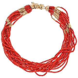CORAL CHOKER WITH DIAMOND AND RUBIES CLASP. 14K AND 10K YELLOW GOLD