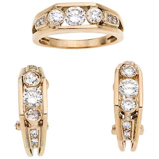 RING AND PAIR OF EARRINGS SET  WITH DIAMONDS. 14K YELLOW GOLD