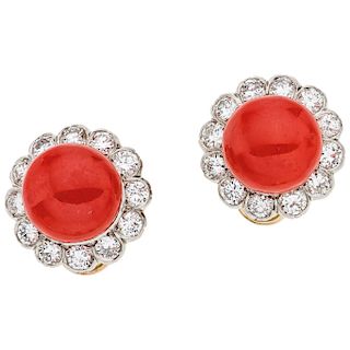 PAIR OF CORAL AND DIAMOND EARRINGS. 18K WHITE AND YELLOW GOLD