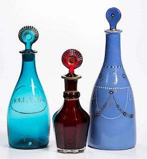 ASSORTED COLORED GLASS DECANTERS, LOT OF THREE