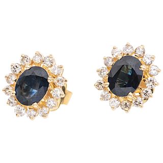 PAIR OF SAPPHIRES AND DIAMONDS EARRINGS. 14K YELLOW GOLD