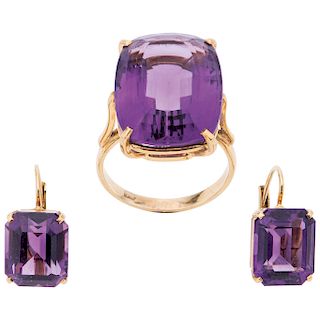 RING AND PAIR OF EARRINGS WITH AMETHYSTS. 18K YELLOW GOLD