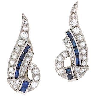 PAIR OF DIAMONDS AND SAPPHIRES EARRINGS. 14K WHITE GOLD