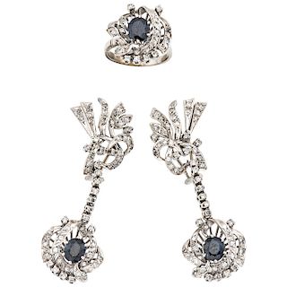 RING AND PAIR OF EARRINGS SET WITH SAPPHIRES AND DIAMONDS. PALLADIUM SILVER  