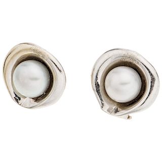 PAIR OF CULTURED PEARLS EARRINGS. 14K WHITE GOLD