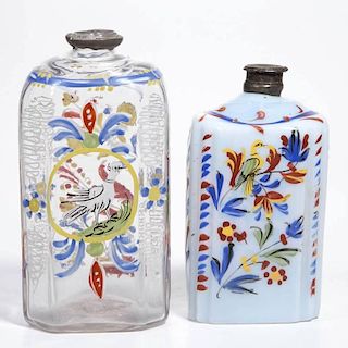 FREE-BLOWN AND DECORATED "STIEGEL-TYPE" BRIDE'S / DRUG BOTTLES, LOT OF TWO