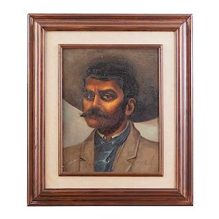 Edilberto T. Emiliano Zapata. Firmadso y fechado '82. Óleo sobre tabla. Enmarcado en madera tallada. 44 x 35 cm.