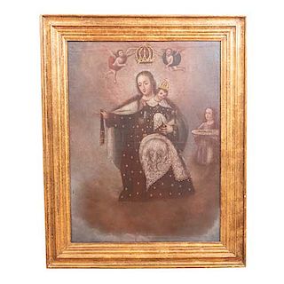 Anónimo. Virgen del Carmen. Siglo XIX. Óleo sobre tela. Enmarcada en madera dorada. 109 x 81 cm.
