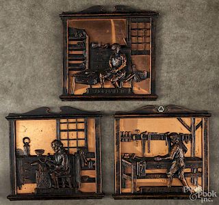 Three Coppercraft Guild relief tradesmen scenes, 9 1/2'' x 9 1/4''.