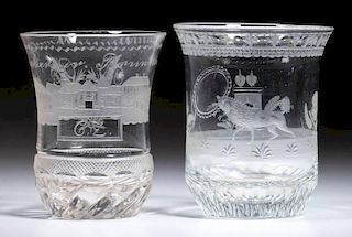 FREE-BLOWN, CUT, AND ENGRAVED TUMBLERS, LOT OF TWO