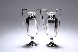 A PAIR OF CHINESE SILVER TWIN-HANDLED VASES, c. 1920, each 