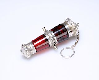 A FINE VICTORIAN SILVER-PLATE MOUNTED RUBY GLASS CANNON-SHA