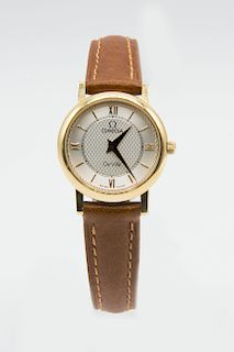 A LADY'S 18ct GOLD OMEGA DE VILLE STRAP WATCH. Circular sil