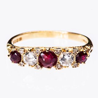A VICTORIAN 18CT YELLOW GOLD RUBY AND DIAMOND RING, the thr