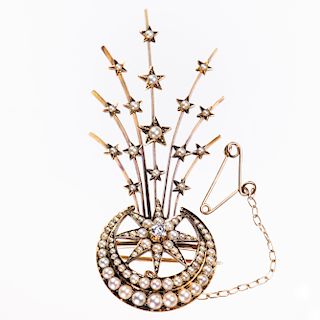 A MID VICTORIAN SEED PEARL AND DIAMOND SPRAY BROOCH, the cr