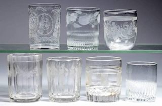ASSORTED MOLDED, CUT, AND ENGRAVED TUMBLERS, LOT OF SEVEN