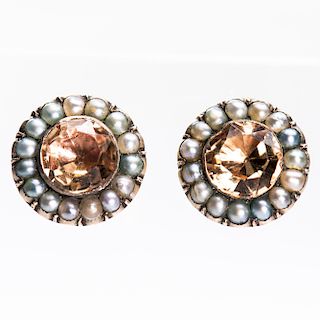 A PAIR OF LATE 19TH CENTURY TOPAZ AND SEED PEARL EARRINGS, 