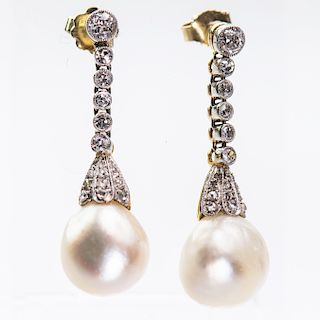A PAIR OF NATURAL SALTWATER PEARL AND DIAMOND EARRINGS, the