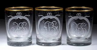 FREE-BLOWN AND ENGRAVED TUMBLERS, SET OF THREE