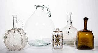 ASSORTED BLOWN DECANTERS / BOTTLES, LOT OF FIVE