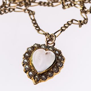 A VICTORIAN MOONSTONE AND SEED PEARL NECKLACE, the heart sh