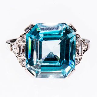 A BLUE ZIRCON AND DIAMOND RING, the large square cut blue z