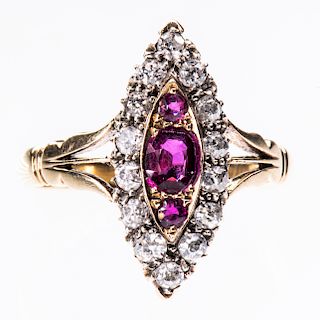 A LATE 19TH CENTURY RUBY AND DIAMOND RING, the marquise sha