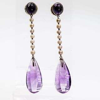 A PAIR OF AMETHYST AND SEED PEARL EARRINGS, the tapering ov