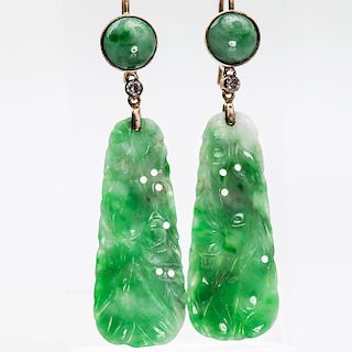 A PAIR OF JADEITE EARRINGS, the carved rectangular drop on 
