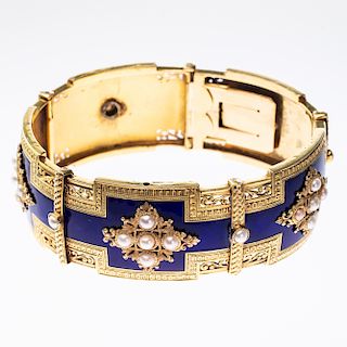 A FINE FRENCH ENAMEL AND SEED PEARL BANGLE, of five decorat