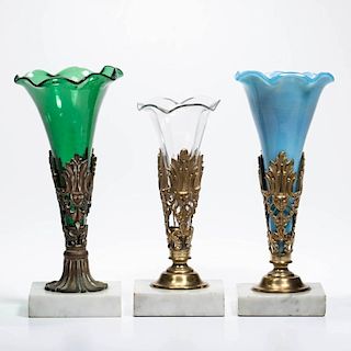 BLOWN AND GAUFFERED TRUMPET VASES, LOT OF THREE