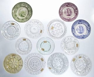 ASSORTED PRESSED GLASS AND CERAMIC CUP / TODDY PLATES, LOT OF 13