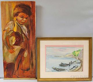 Two Works:      Joseph Kossonogi (Israeli, 1908-1981), Inlet with Boats