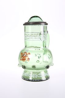 AN ENAMELLED GREEN GLASS ARMORIAL STEIN, C.1900, with domed