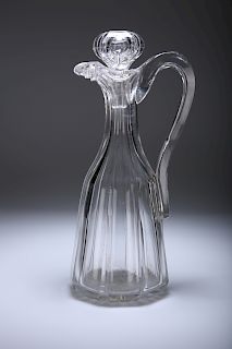 A LARGE 19TH CENTURY GLASS CLARET JUG AND STOPPER, with fac