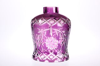 A CONTINENTAL AMETHYST AND CLEAR-CUT GLASS SHADE, decorated