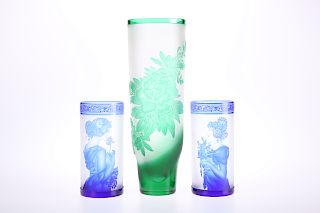 THREE PIECES OF CZECH ART GLASS, comprising a green cut and
