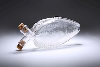 A 19th CENTURY ETCHED GLASS GIMMEL FLASK, of characteristic