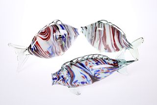 THREE MURANO GLASS MODELS OF FISH, two polychrome striped, 