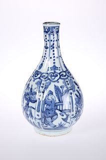 A CHINESE BLUE AND WHITE PORCELAIN LOBED FLASK VASE, painte