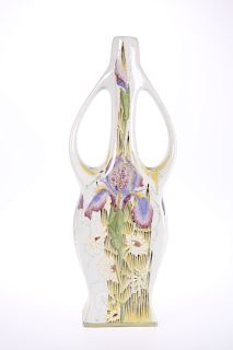 A CONTINENTAL TWO-HANDLED POTTERY VASE IN THE ART NOUVEAU S