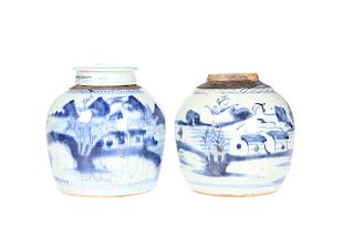 TWO CHINESE PROVINCIAL BLUE AND WHITE GINGER JARS, one lack