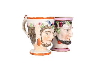 A PEARLWARE BACCHUS WINE CUP, the moulded face of the god p