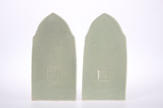 A PAIR OF CHINESE CELADON BUDDHAS, seated in dhyanasana, th